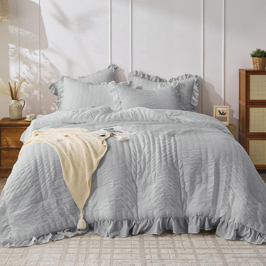 JOLLYVOGUE Light Grey Twin Size Comforter Set, 2 Pieces Seersucker Lightweight Fluffy Bedding Set, Twin Ruffle Comforter, All Season Soft Microfiber Shabby Chic Bed Set