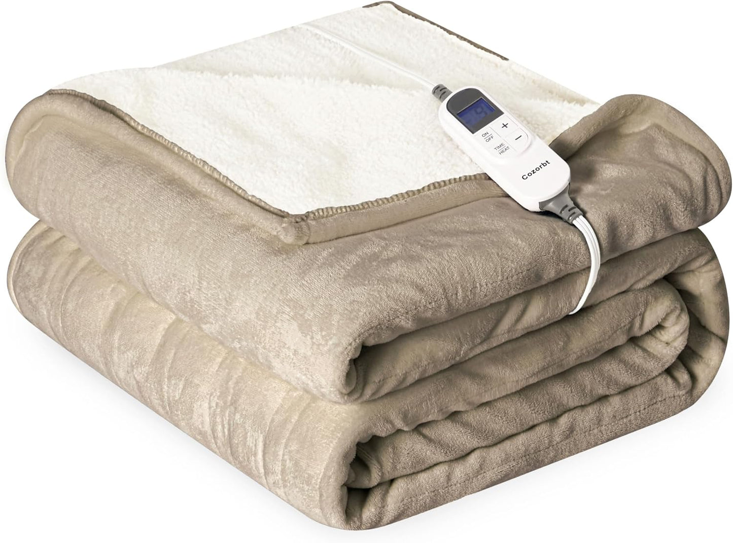 Heat Blanket 50”x60” Throw,Soft Flannel & Sherpa Reversible Electric Blanket with 10 Heat Settings,12 Timer Setting and 3 Hours Auto-Shut Off,ETL Certified Machine Washable,Light Brown
