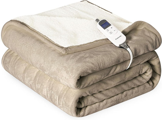 Heat Blanket 50”x60” Throw,Soft Flannel & Sherpa Reversible Electric Blanket with 10 Heat Settings,12 Timer Setting and 3 Hours Auto-Shut Off,ETL Certified Machine Washable,Light Brown