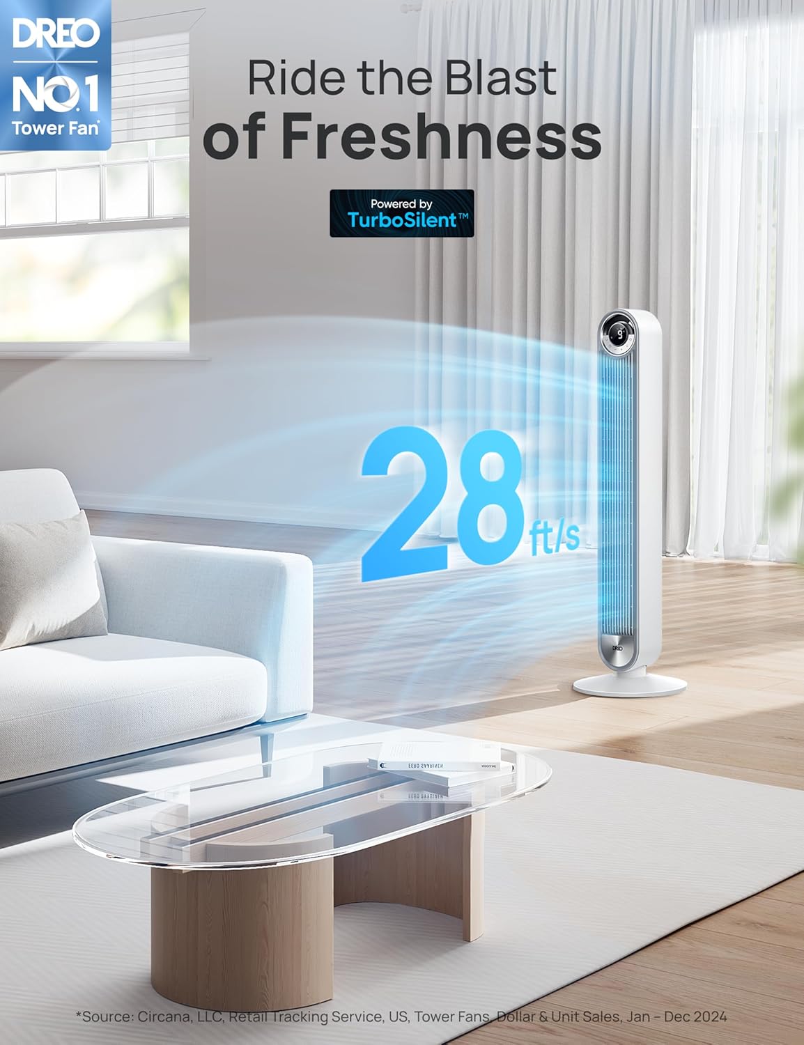 Dreo Tower Fan for Bedroom, Upgrated DC 9 Speeds Ultra-Quiet Floor Fan, 90° Oscillating Fans for Indoors with 28ft/s Velocity, 12H Timer, Standing Fans, Bladeless Fan Powerful for Home Office Room