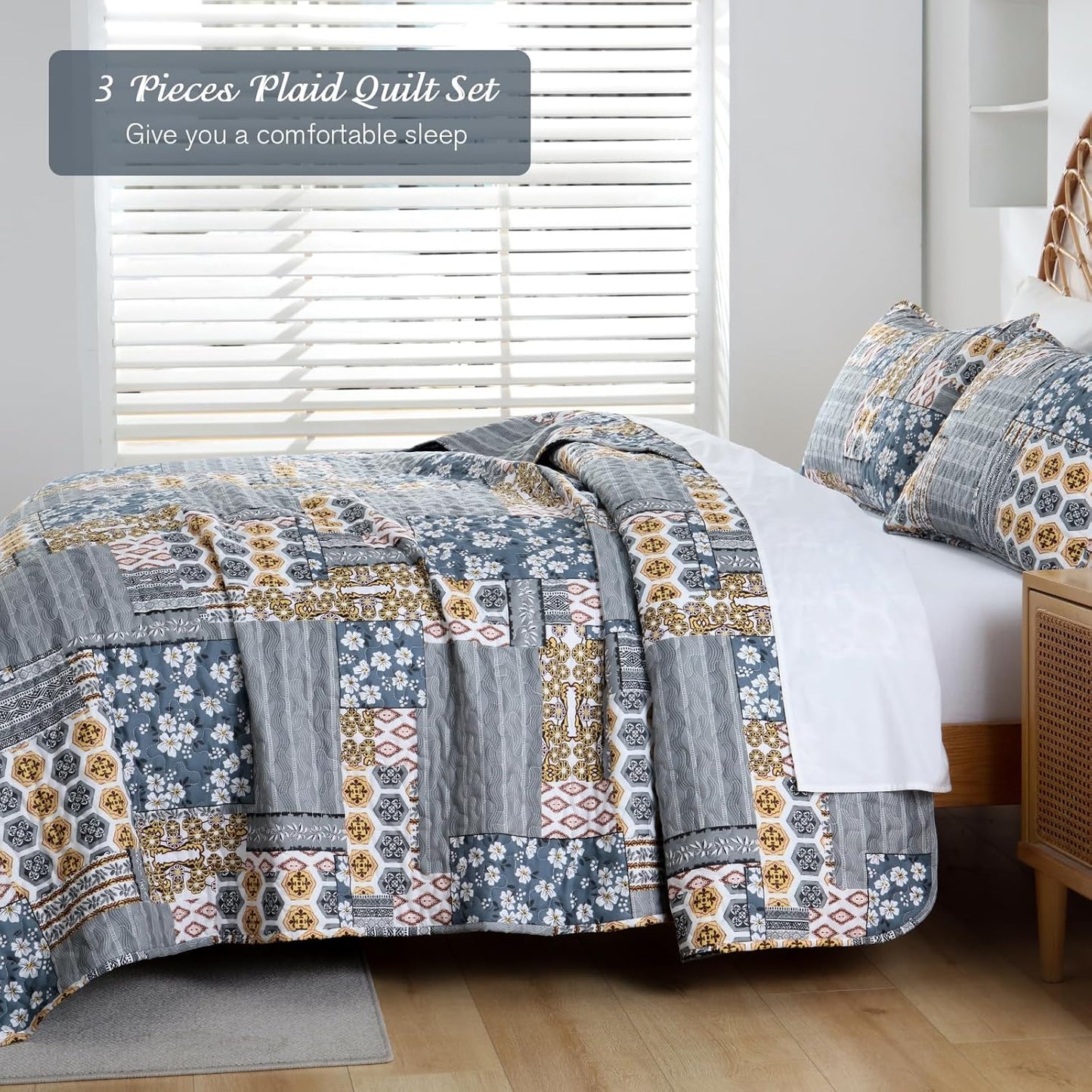 Mybedsoul Dark Grey Quilt Set King Size, 3 Pieces Plaid Floral Bedspread Set Patchwork Reversible Bedding Set Microfiber Lightweight Bedspread Coverlet Set for All Season 110"x90"
