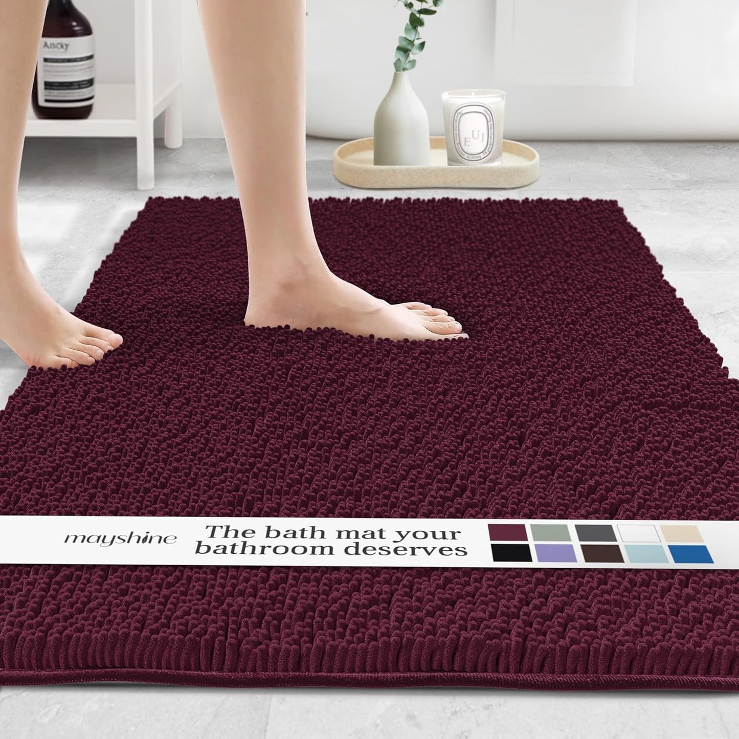 MAYSHINE Plush Shaggy Chenille Bath Mat | Extra Soft, Super Absorbent, Non-Slip Bathroom Rug | Fluffy Microfiber, Area Rug Sets for Bathroom Floor, Kitchen, Living Room | 47"x27" | Burgundy