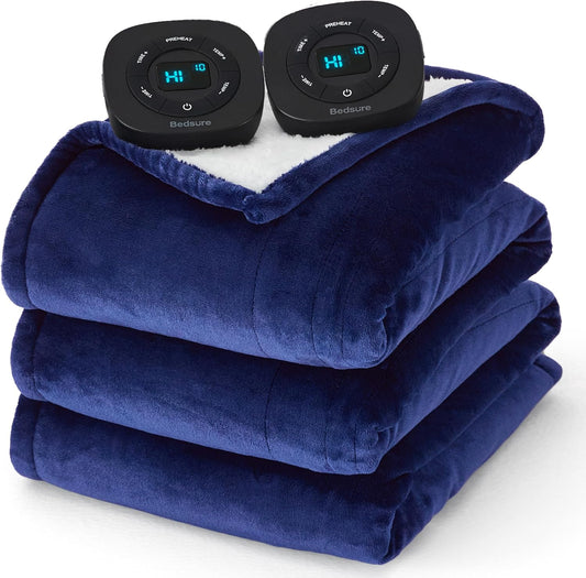 Bedsure Electric Blanket Queen Size - Dual Control Heated Blanket Queen, Fast Heating with 10 Time Settings & 10 Heat Settings, Warm Gift for Grandma (84x90 inches, Pageant Blue)