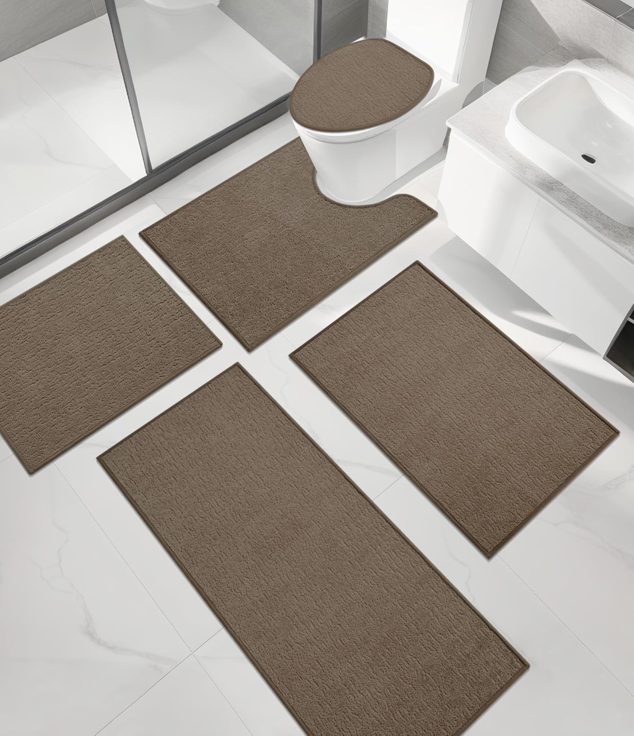 Chakme 5 Piece Bathroom Rug Sets, Ultra Thin Bath Mat, Absorbent, Non Slip, Machine Washable, Coffee, 17" x 24"