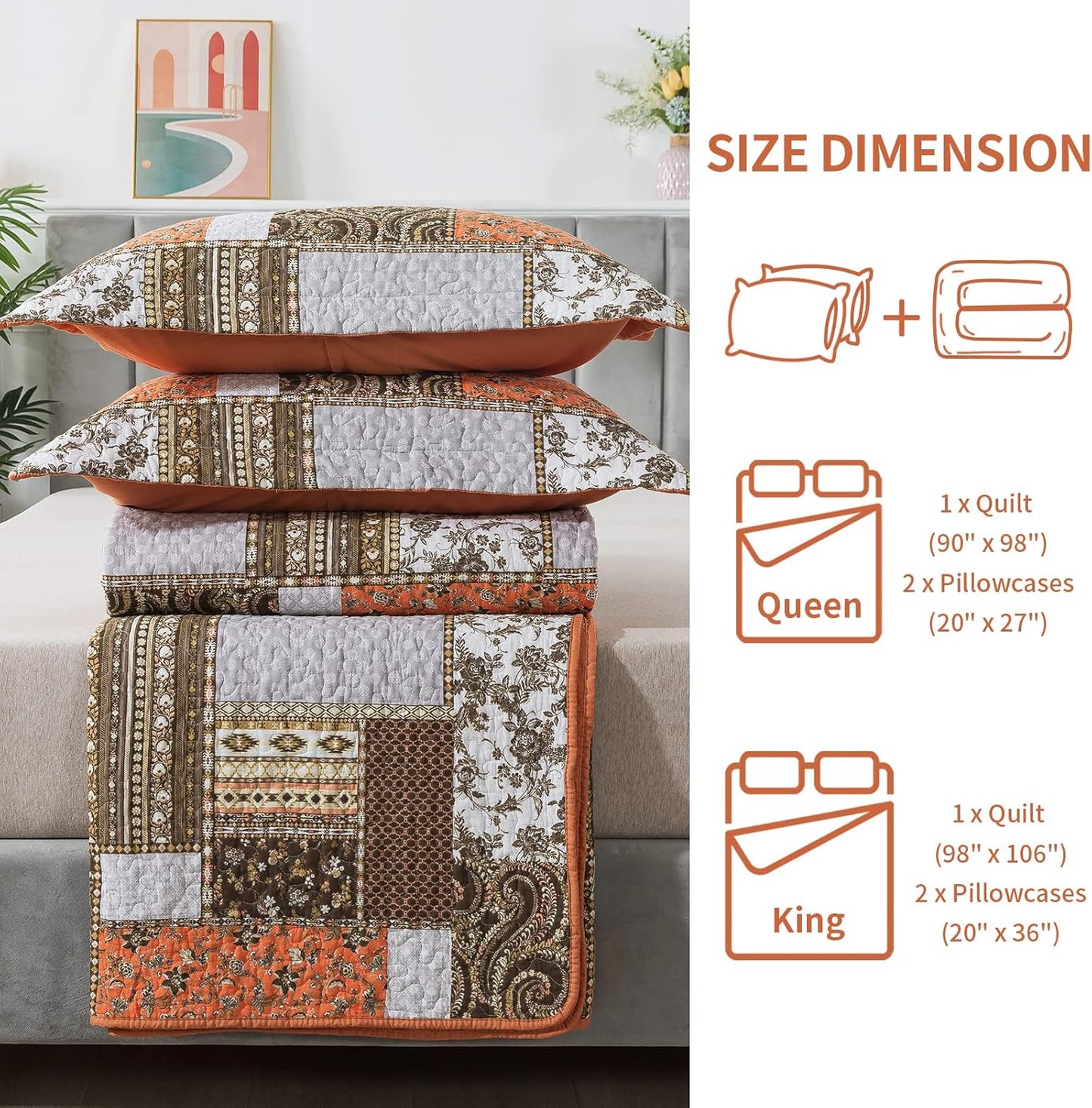 BEDIFANY Cotton California King Size Quilt for Farmhouse- Fall Patchwork Bedspread Set - Highly-Woven Soft Reversible Oversized King Size Coverlet for All Seasons (Floral Orange) 3 Pieces