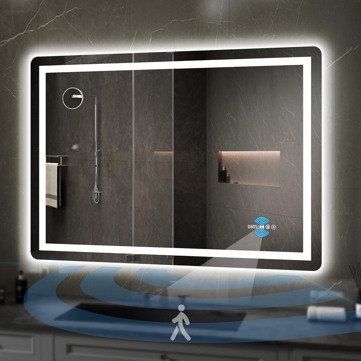 YITAHOME 48 x 32 Inches LED Bathroom Mirror, Front Light and Backlit, Motion Sensor, 10X Magnifying Glass, 3 Colors Dimmable, 5mm Tempered Glass, Anti-Fog, Wall Mounted Mirror-Horizontally Only