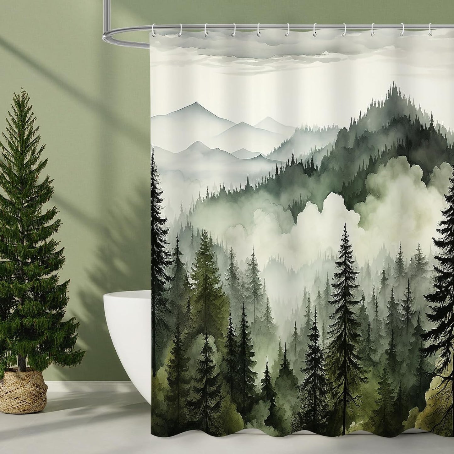 Dark Green Long Misty Pine Forest Shower Curtain 72 x 78, Mountain Foggy Woodland Scenery Tree 78 Inch Long Shower Curtains for Bathroom, Abstract Waterproof Nature-Themed Decor