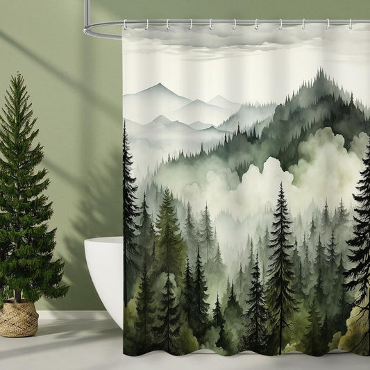 Dark Green Long Misty Pine Forest Shower Curtain 72 x 78, Mountain Foggy Woodland Scenery Tree 78 Inch Long Shower Curtains for Bathroom, Abstract Waterproof Nature-Themed Decor