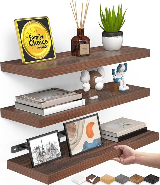 BAYKA Floating Shelves for Wall, Wall Mounted Rustic Wood Shelves for Bathroom, Bedroom, Living Room, Kitchen,Small Hanging Shelf for Books/Storage/Room Decor (Walnut-Like, Set of 3, 15.7in)