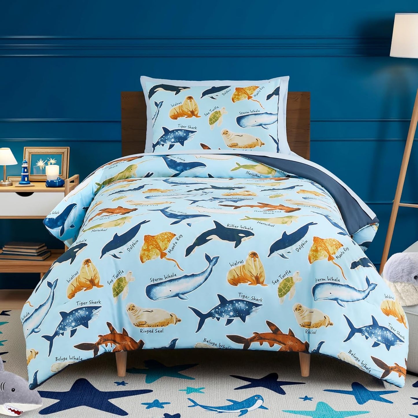 Kids Comforter Set Twin Size for Boys, Glow in The Dark Sea World Bedding Set 1 Comforter, 1 Decor Pillow, 1 Pillow Shams