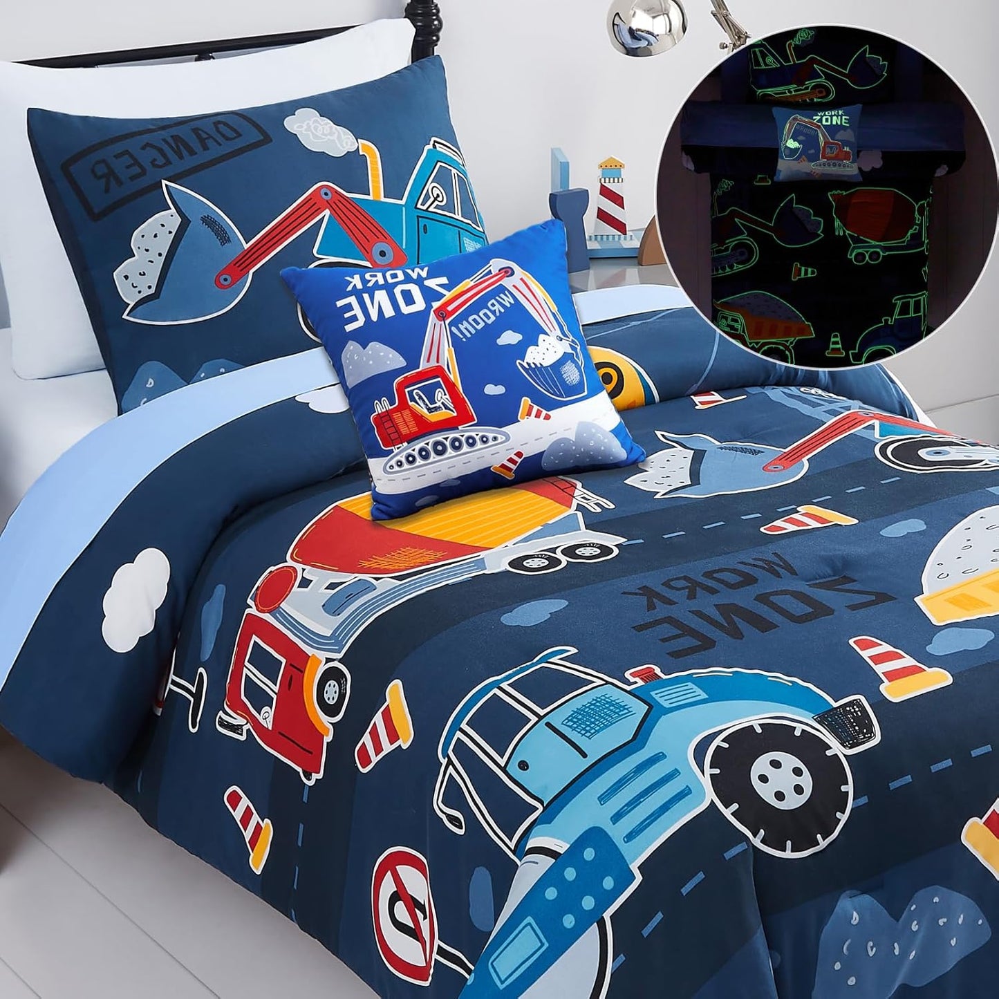 Kids Comforter Set Twin Size for Boys, Glow in The Dark Truck Bedding Set 1 Comforter, 1 Decor Pillow, 1 Pillow Shams