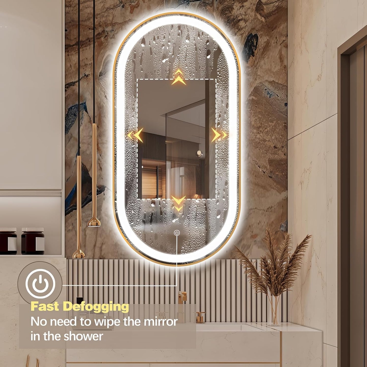 51" x 27" Oval LED Bathroom Mirror with Lights, Gold Metal Framed Anti-Fog LED Vanity Mirror, Lighted Bathroom Mirrors Wall Mounted, Stepless Dimmable, Shatter-Proof, Horizontal/Vertical