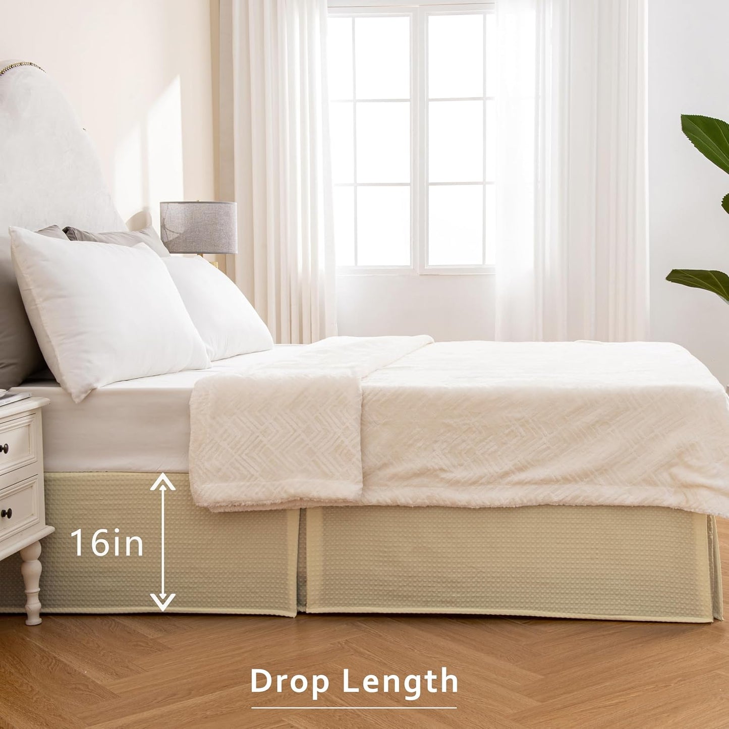 MIYE Pleated Waffle Weave Bed Skirt, Tailored Dust Ruffle 16 Inch Drop Easy Fit, Machine Washable,No Split Corners (Light Beige, King - 16" Drop)