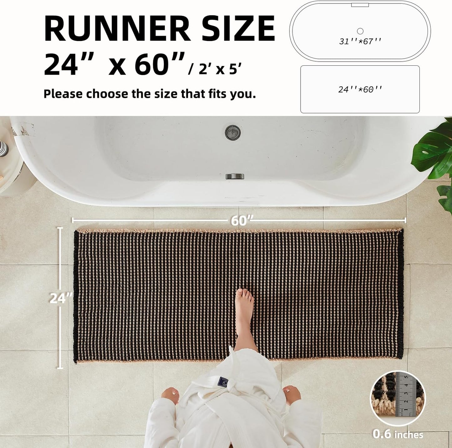 Waffle Runner Rug Bathroom, Long Boho Bathroom Rugs Non Slip Washable Super Absorbent Quick Dry Farmhouse Bath Decor, 60"x24" Khaki and Black