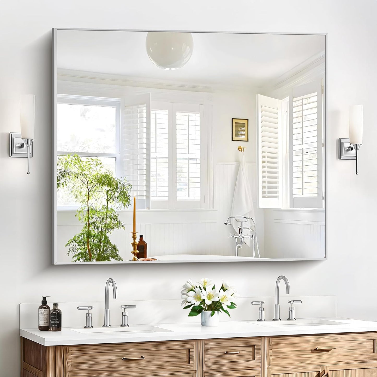 40x48inch Silver Bathroom Mirror, Silver Rectangle Mirror with Frame, Large Rectangular Wall Mirrors for Bathroom, Living Room, Hair Salon, Big Farmhouse Mirror Hang Horizontal/Vertical