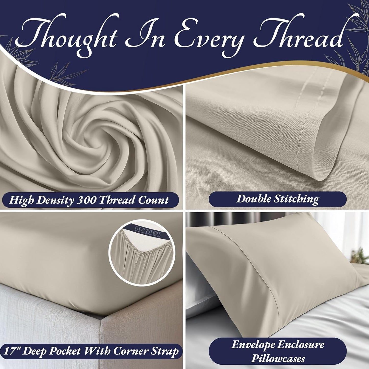 DECOLURE 100% Viscose Derived from Bamboo Sheets King Size 4pcs - Ultra Soft & Luxuriously Cooling, 17" Deep Pocket, Double Stitching, Perfect for Hot Sleepers - King Bed Sheets (Taupe)