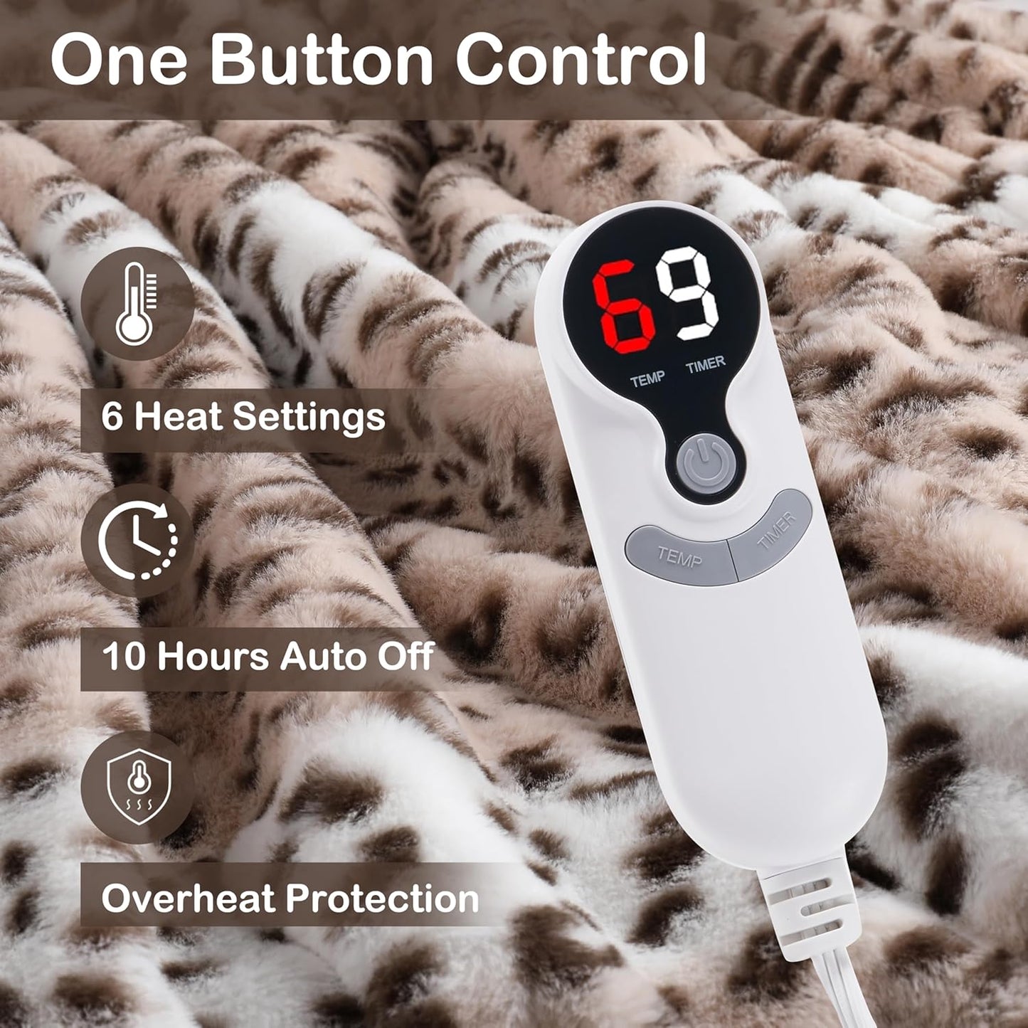 Electric Heated Blanket Full Size 72"x84", Cozy Large Oversized, 6 Heating Levels & 1-10 Hours Auto Off, Machine Washable, Leopard Print, Beige