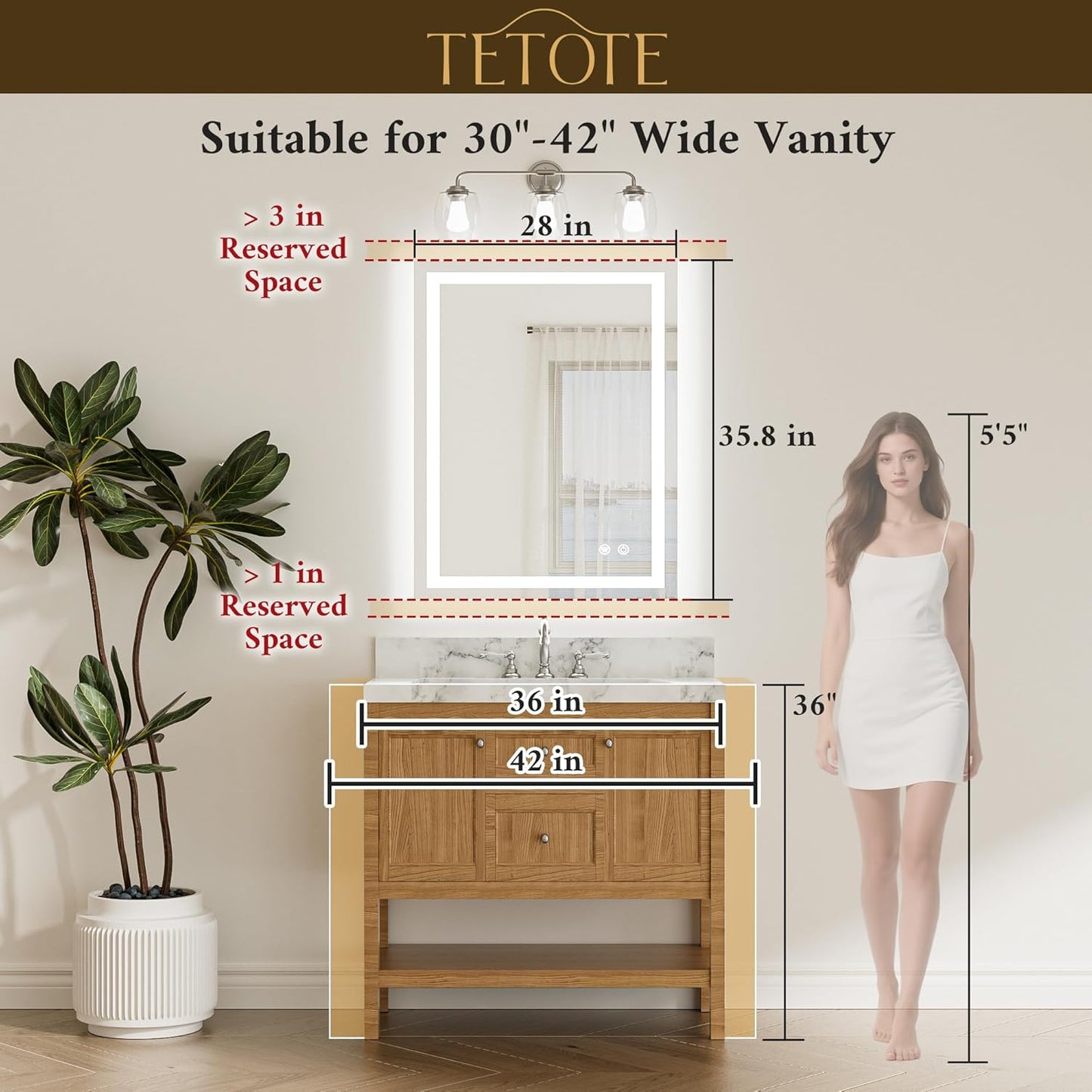 TETOTE LED Bathroom Mirror with Lights 28 x 36 Frontlit and Backlit Light up Mirror, Brighter Lighted Bathroom Mirror for Wall, 3-Color Anti Fog Mirror, Waterproof, Shatterproof Tempered Glass