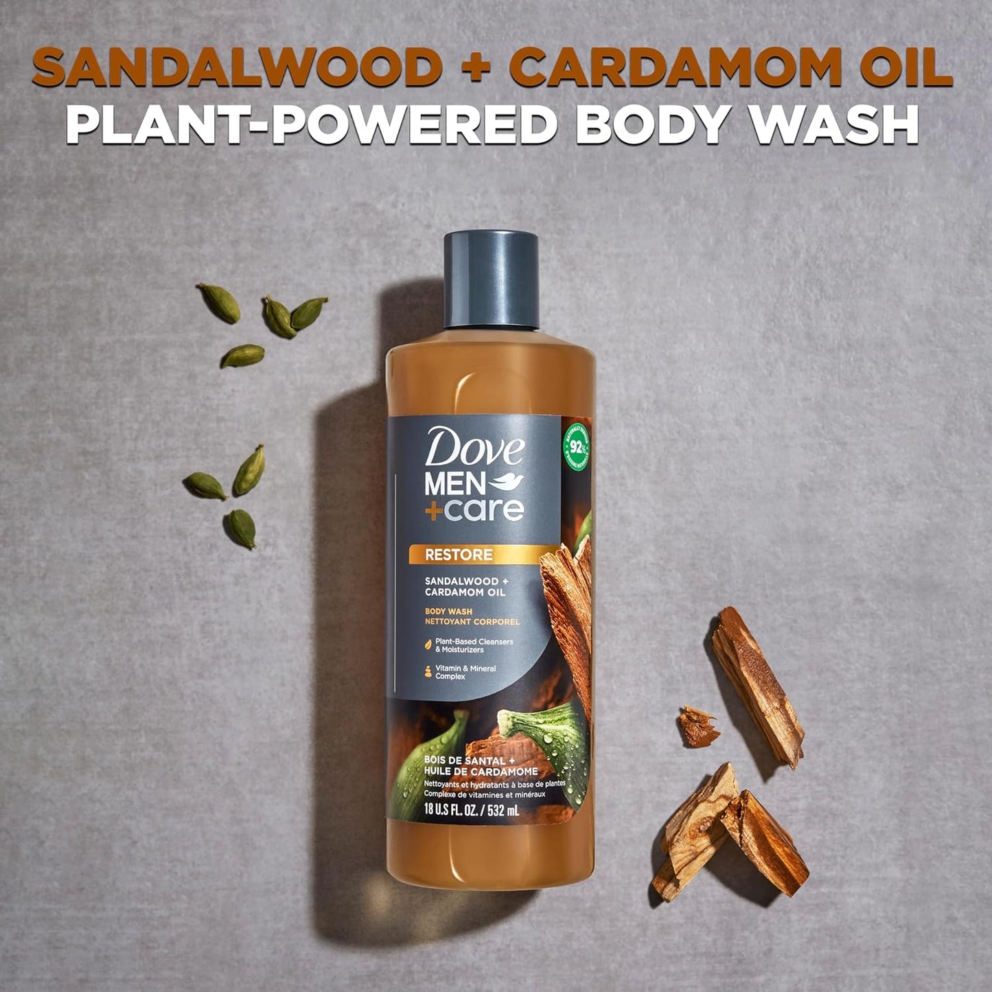 Dove Men+Care Body Wash Sandalwood + Cardamom Oil 4 Count to Rebuild Skin in the Shower with Plant-Based Cleansers and Moisturizers 18 oz