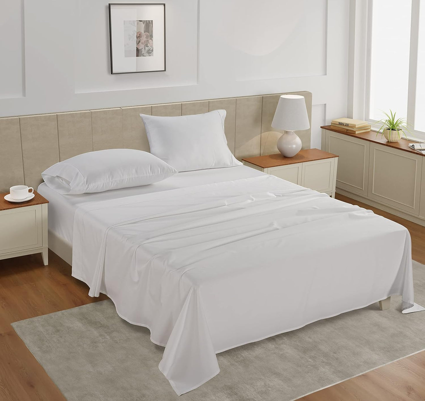 LANE LINEN Queen Sheet Set - 450 Thread Count Premium Soft Long Staple 100% Cotton Sheets, Hotel Luxury Sateen Silky Finish, Snug Fit 15" Deep Pocket, Low Pill, Machine Washable - White Sheets