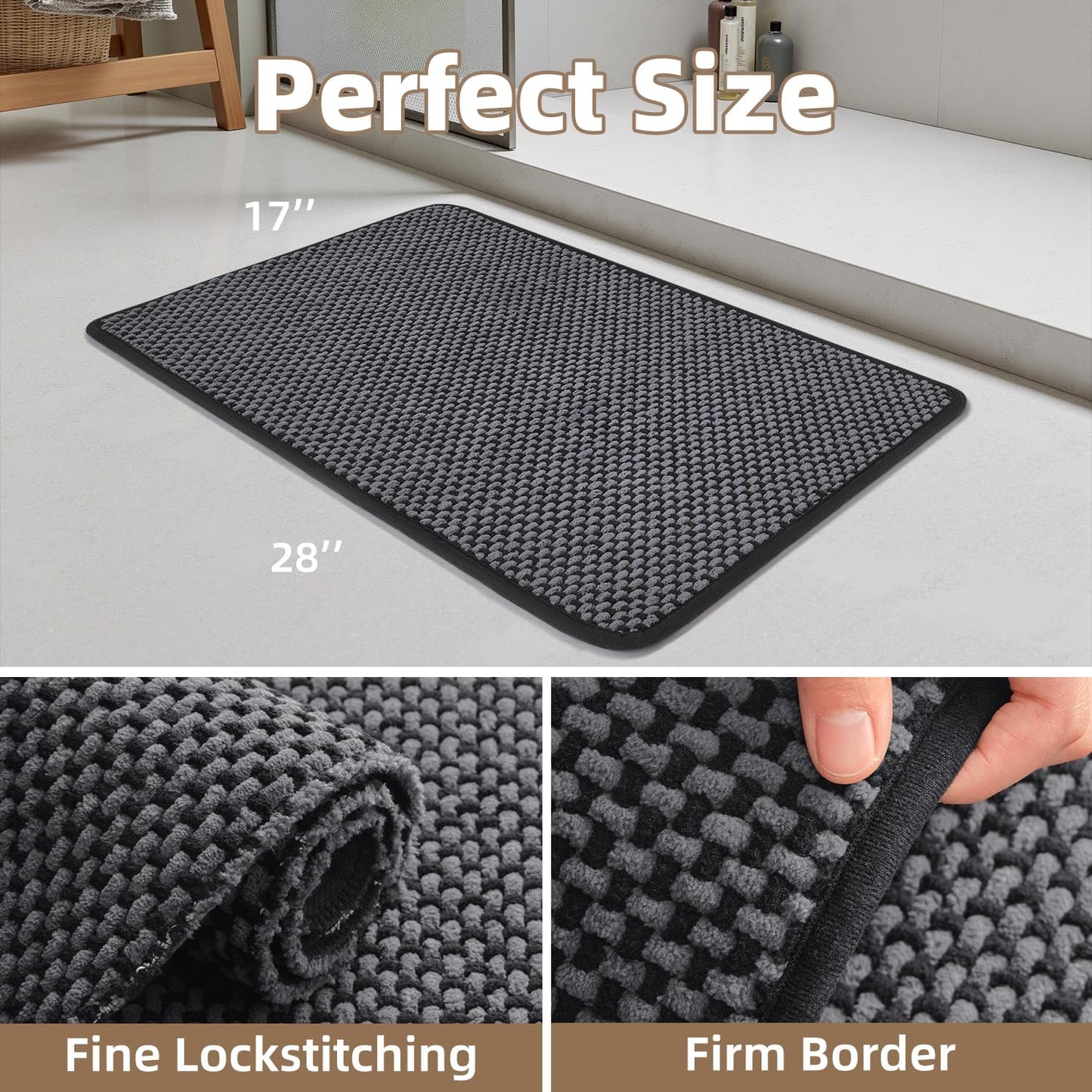 PADOOR-Bath Mat-Super Absorbent Chenille Bathroom Mats-Rubber Backed Bath Mats for Bathroom Non Slip, Easy Clean Bathroom Rugs Front of Bathtub,Shower Room,Sink-17×28, Darkgrey&Black