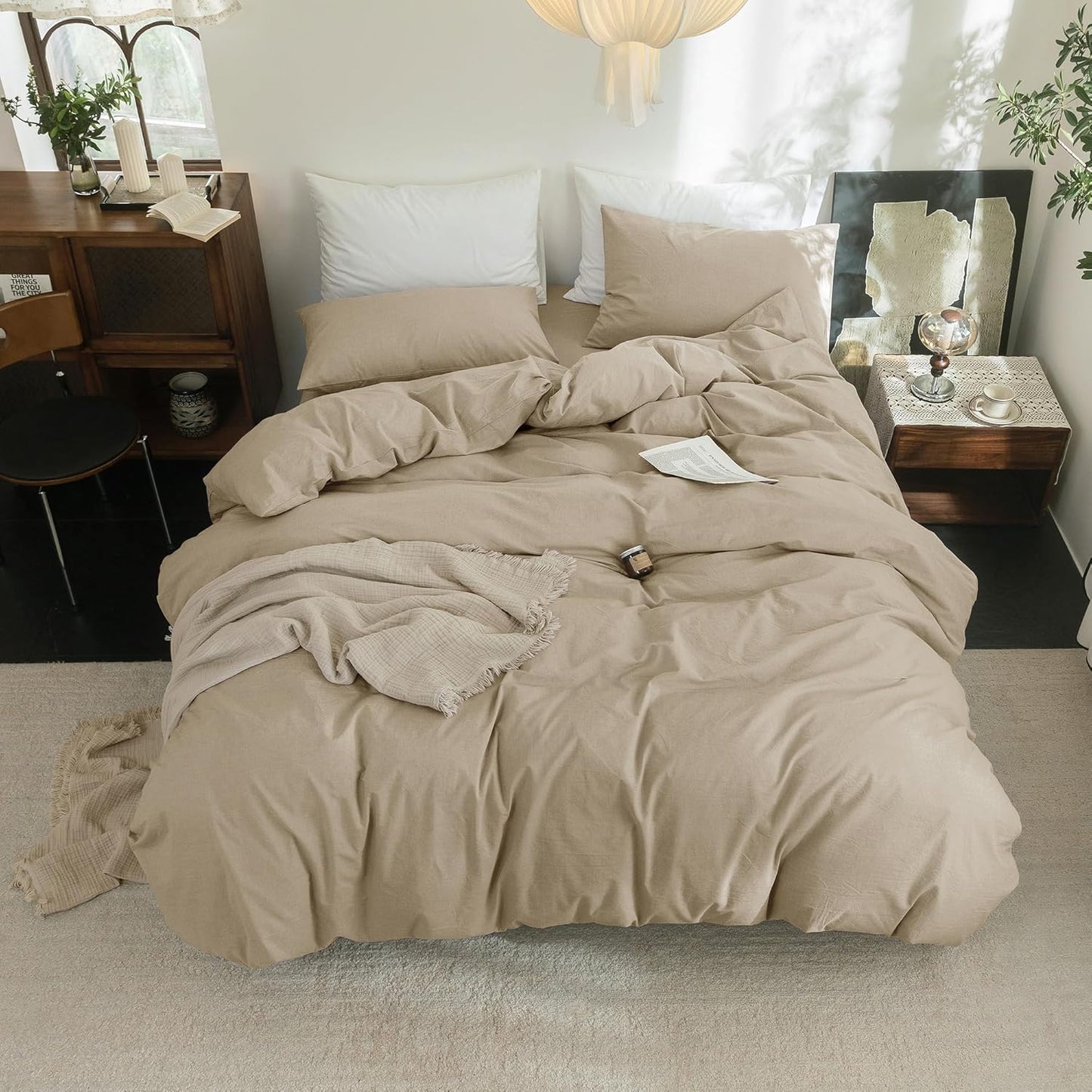 FOSSA Duvet Cover Set 100% Washed Cotton Linen Feel Super Soft Breathable Cozy 3 Pieces Bedding Sets Solid Light Khaki Queen