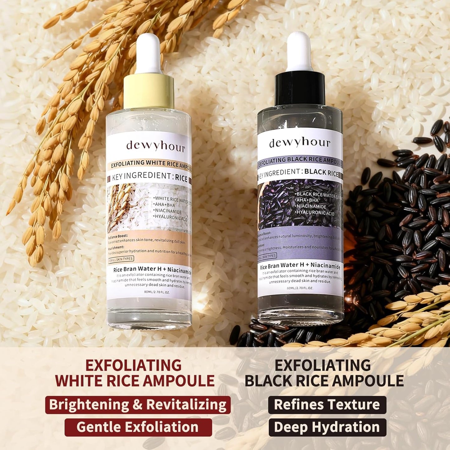 dewyhour Exfoliating Black & White Rice Ampoule Duo Set - Gently Removes Dead Skin Cells, Refines Pores, Soft Face & Body Scrub for All Skin Types, 2-Pack