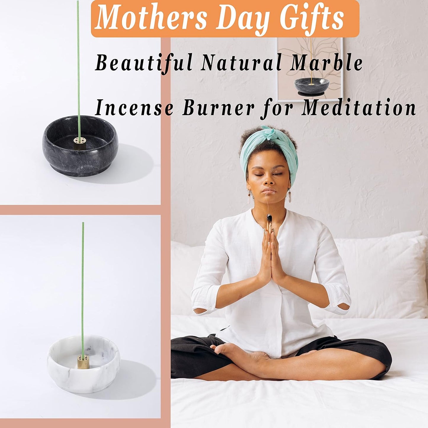 Incense Holder, Incense Burner ash Catcher with Brass 9 Holes Incense Stick Holder for Home Decor Yoga Spa Madiation (Natural Black Marble) Birthday Gifts for Women