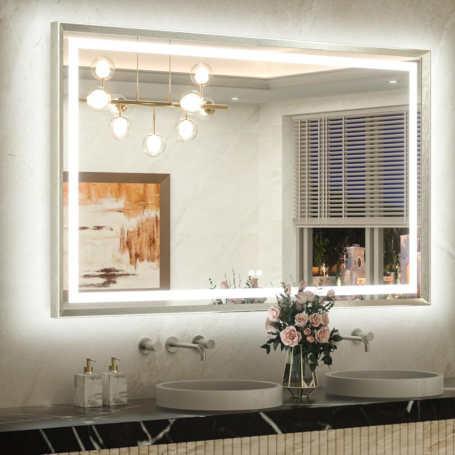 TETOTE 55 x 36 Bathroom LED Mirror Brushed Bright Nickel Metal Frame Frontlit & Backlit Vanity Mirror Stepless Dimmable Anti-Fog 3 Colors White/Warm/Natural Light up Vanity Mirror Wall-Mounted