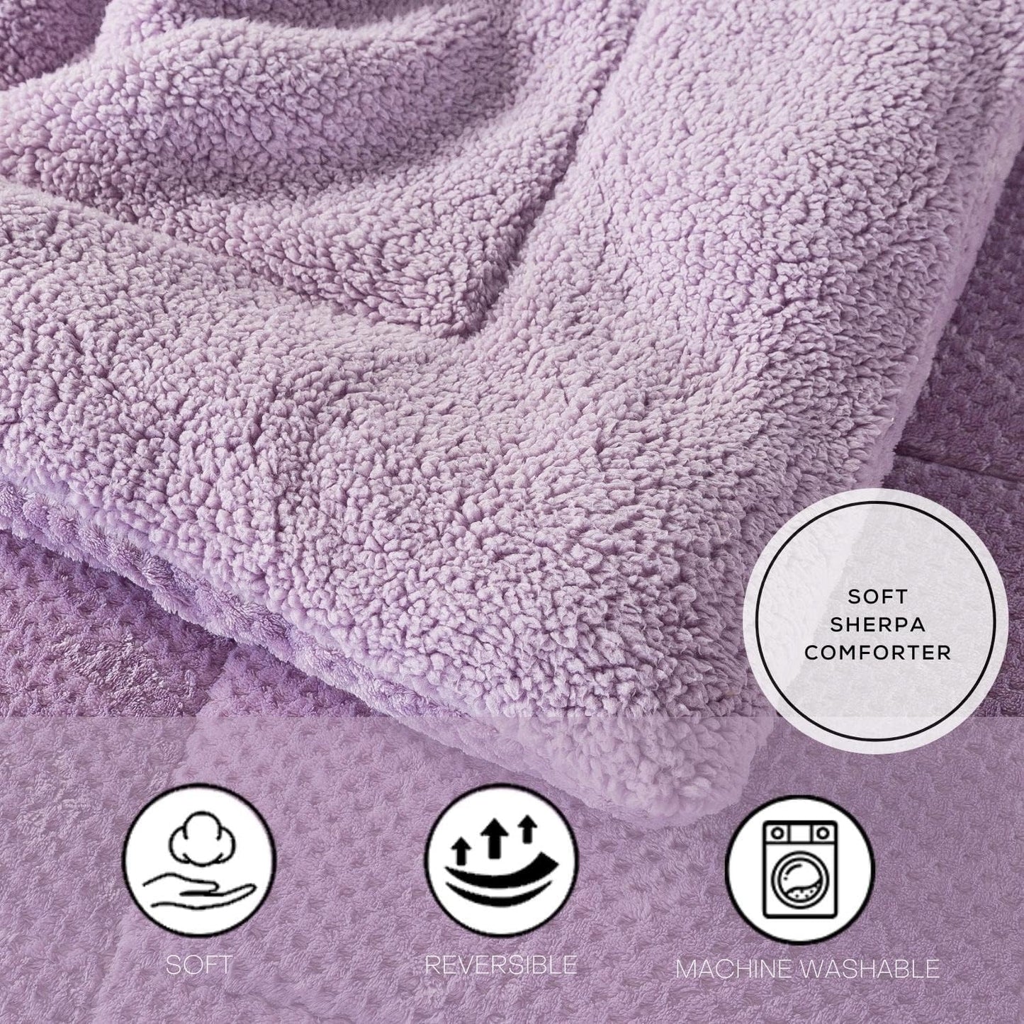 KASENTEX Super Ultra Soft Luxury Plush Sherpa Comforter, Cozy Reversible Faux Fur Machine Washable Bedding, Purple, Queen Size