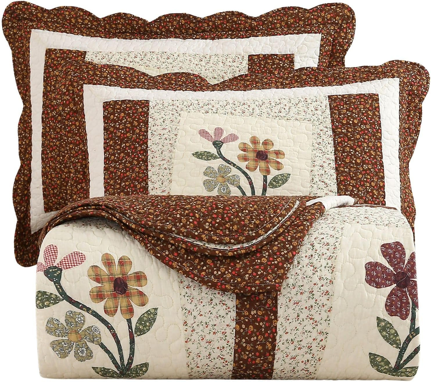 vctops 2 Piece Embroidered Floral Quilted Bedspread Quilt Set 100% Cotton Reversible Patchwork Coverlet Set 1 Quilt and 1 Pillow Sham (Coffee,Twin)