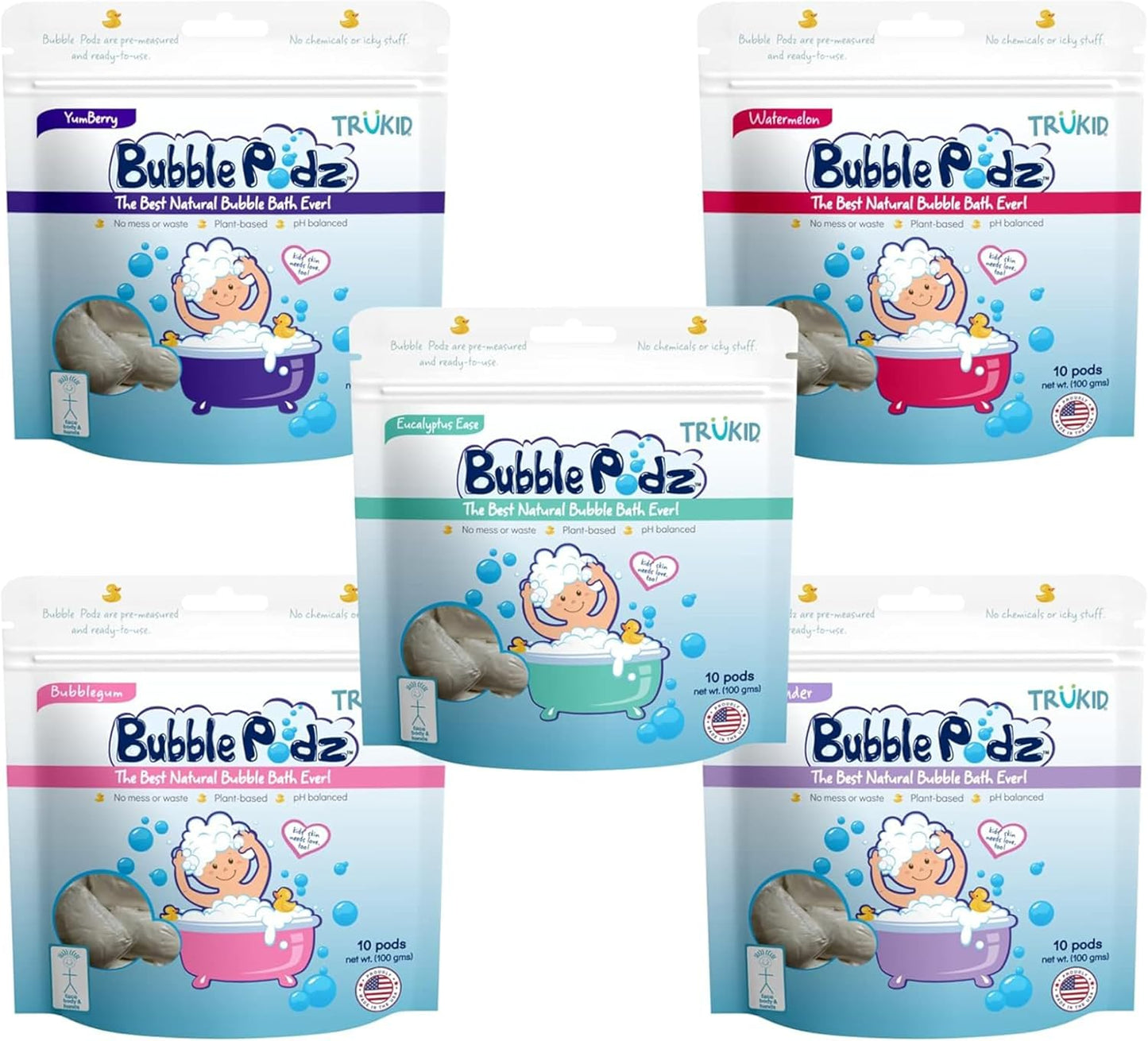TruKid Bubble Podz Bubble Bath Bundle for Baby & Kids, Gentle Refreshing Bath Bomb for Sensitive Skin, pH Balance 7 for Eye Sensitivity, Natural Moisturizers and Ingredients, Five SCENTS
