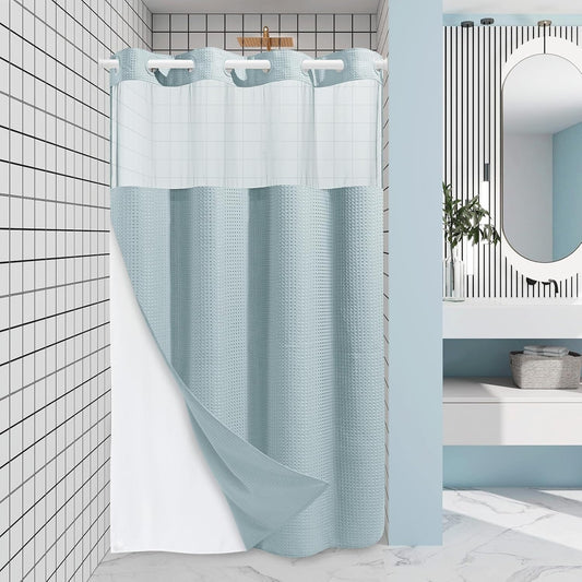 Fog Blue Stall No Hook Shower Curtain with Snap in Liner,230GSM Waffle Weave Shower Curtains for Bathroom,54W x 80H