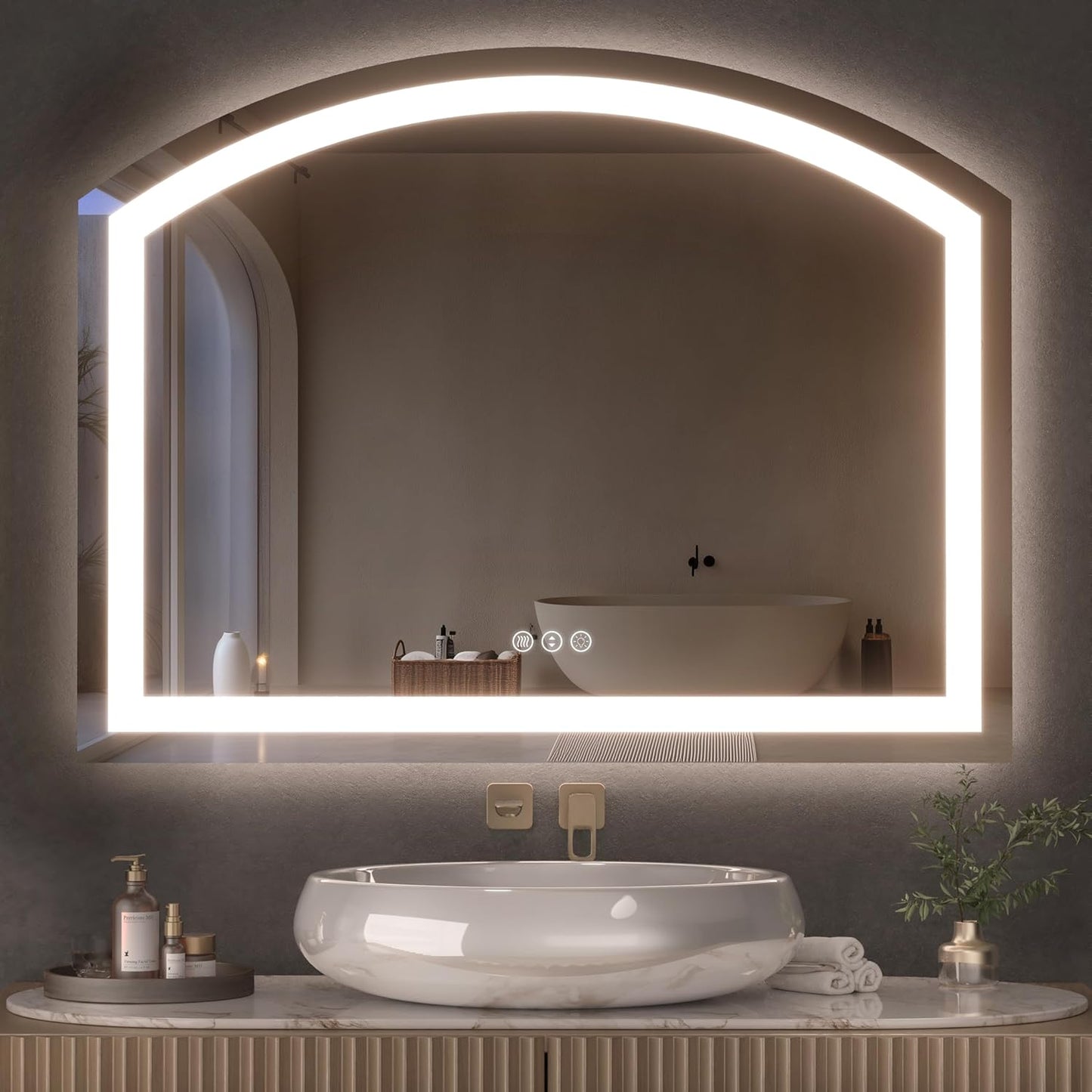Hasipu 36x28 Inch LED Bathroom Mirror Arch Vanity Mirror with Lights Frontlit Smart Touch Sensor Dimmable 3 Colors Temperature Shatterproof Wall-Mounted Vanity Mirror Metal Frame