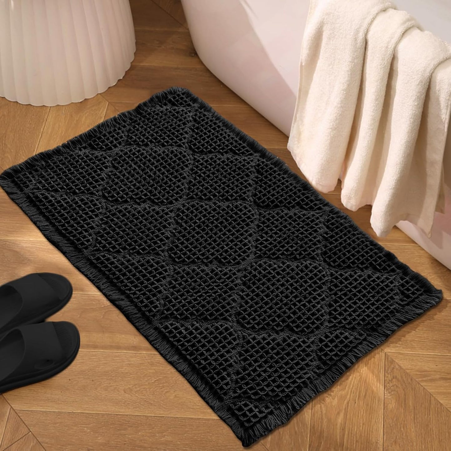 ZALL Black Waffle Bath Mat,Super Absorbent Non Slip Bathroom Rug,18x30inch, Geometric Diamond Machine Washable Ultra Soft Floor Mats