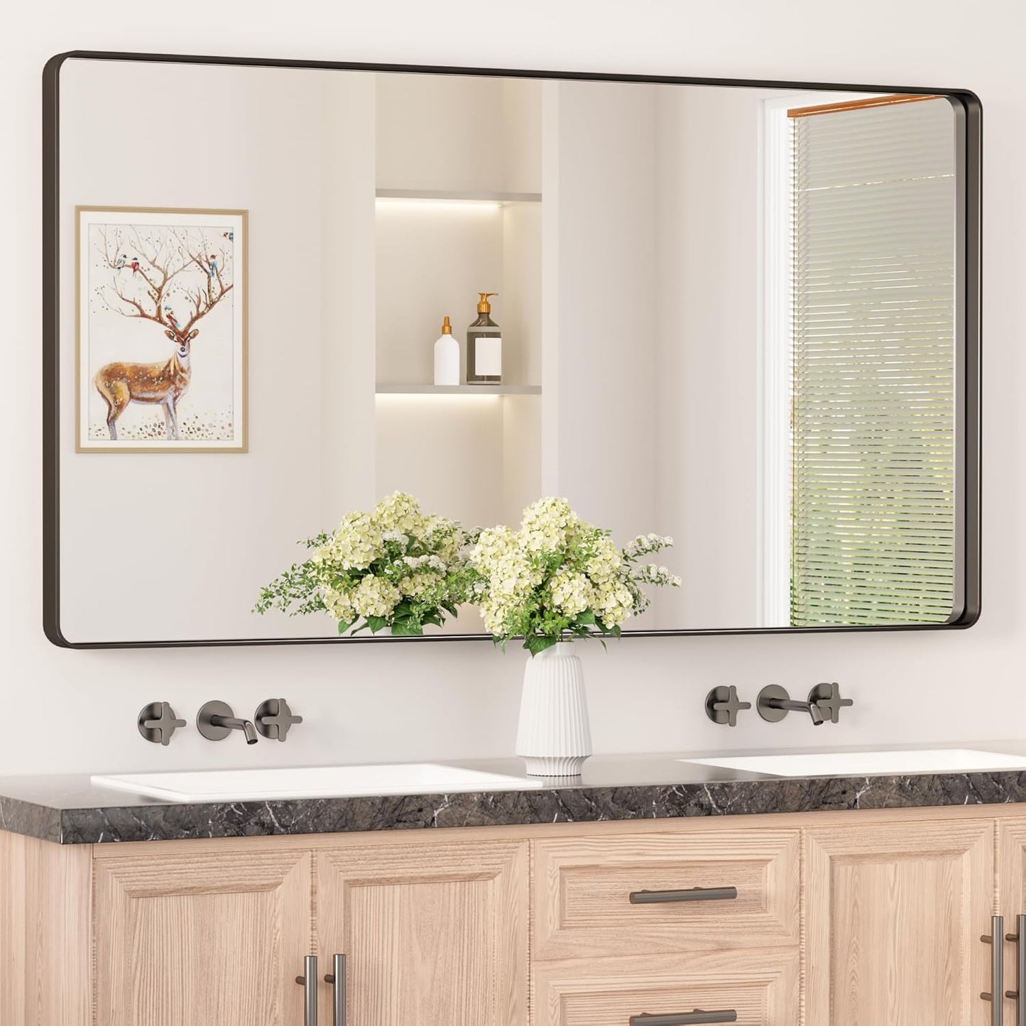 Keonjinn Black Bathroom Mirror - 55 x 30 Inch Large Metal Framed Wall Mirror, HD Tempered Glass, Modern Decorative Mirror (Horizontal/Vertical)