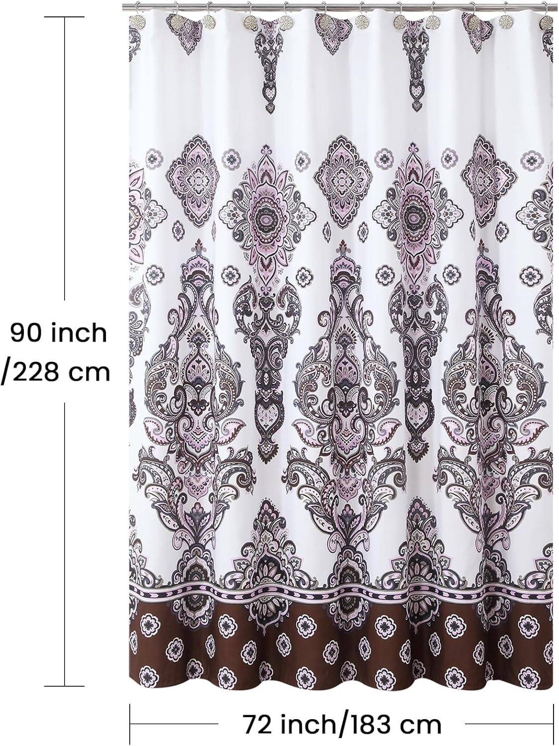 90 Inch Extra Long Shower Curtain, Luxury White Baroque Bath Curtain with Brown & Pink Paisley Medallion Print, Waterproof Premium Fabric, 72" W x 90" H