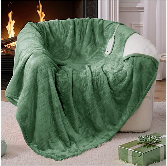Electric Blanket Heated Throw, Flannel＆Sherpa Heated Blanket with 8 Heat Levels & 8 Hours Auto Off, Fast Heating Blankets Machine Washable with ETL Certification, 50x60 Inch, Green