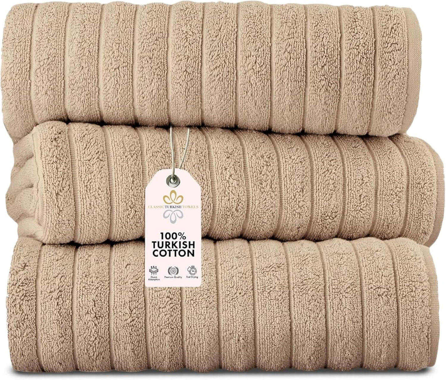 Classic Turkish Towels CTT - Luxury 3 Piece Jumbo Bath Sheets, 100% Turkish Cotton, Absorbent & Ultra Comfy Bath Towel Sheets for Hotels & Spa | 40"x65" (Almond Beige)