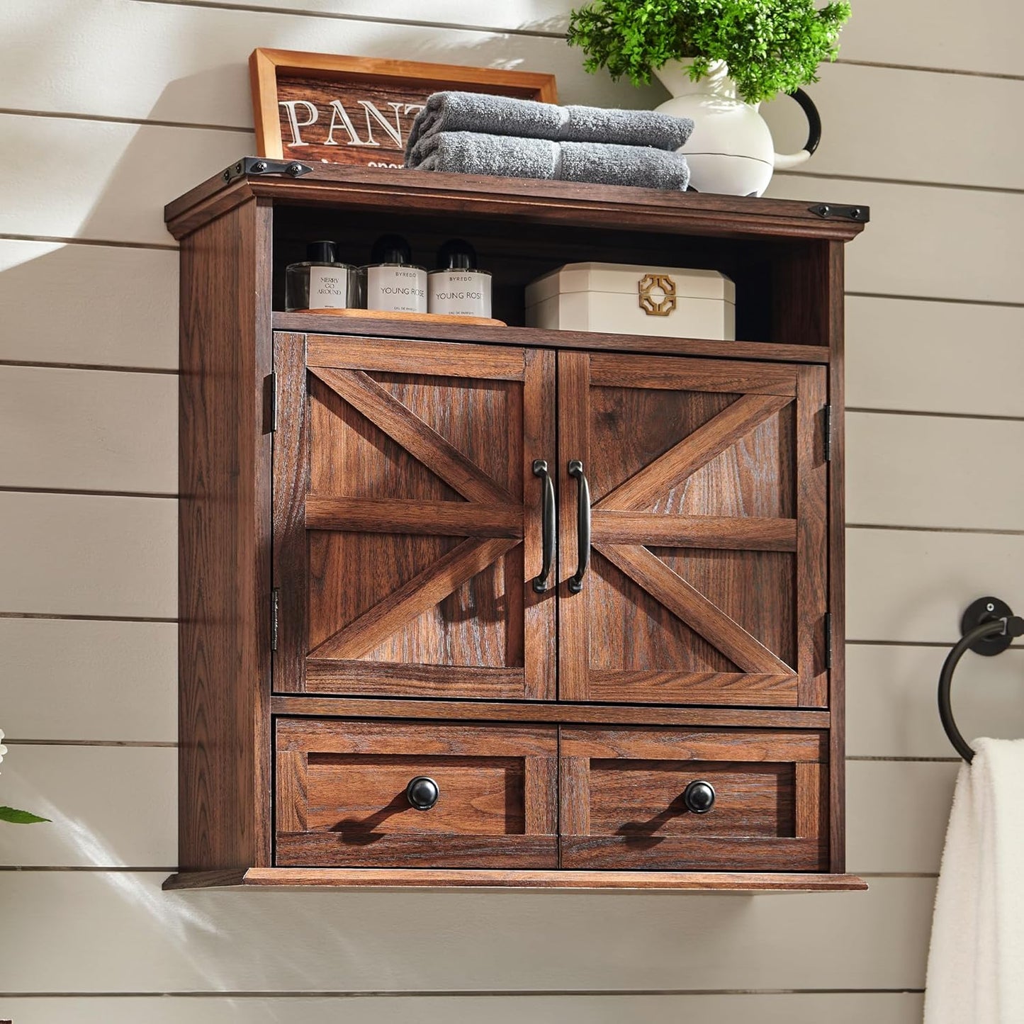 ACCOHOHO Bathroom Wall Cabinet, Farmhouse Medicine Cabinet, 24" Wide Cabinet with Drawer, Adjustable Shelf, Double Barn Doors, Storage Cabinet for Bathroom, Kitchen, Living Room, Brown