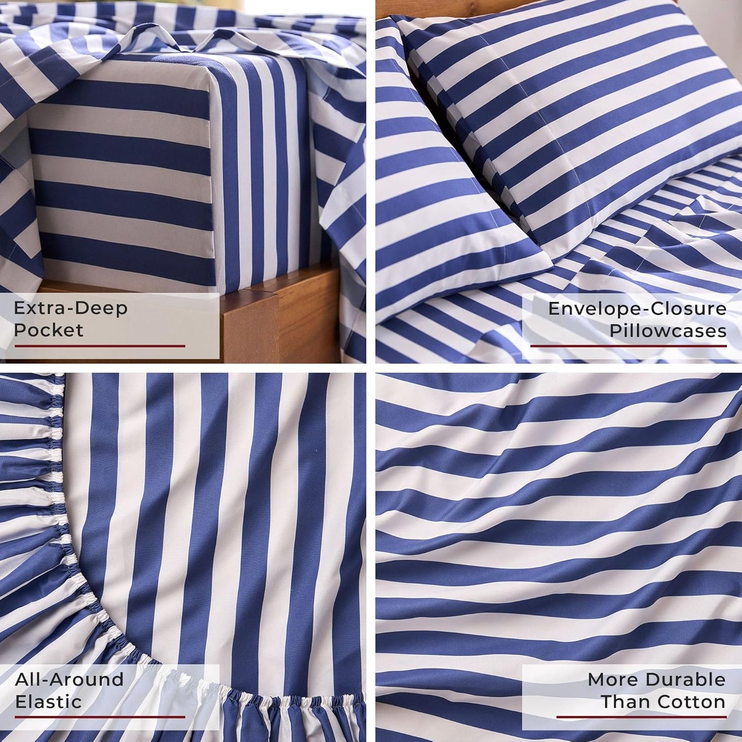 Mellanni Split King Sheets Set - 5 PC Iconic Collection Bedding - Hotel Luxury, Extra Soft, Cooling Bed Sheets - Wrinkle, Fade, Stain Resistant (Split King, Oxford Stripe Blue Nova)