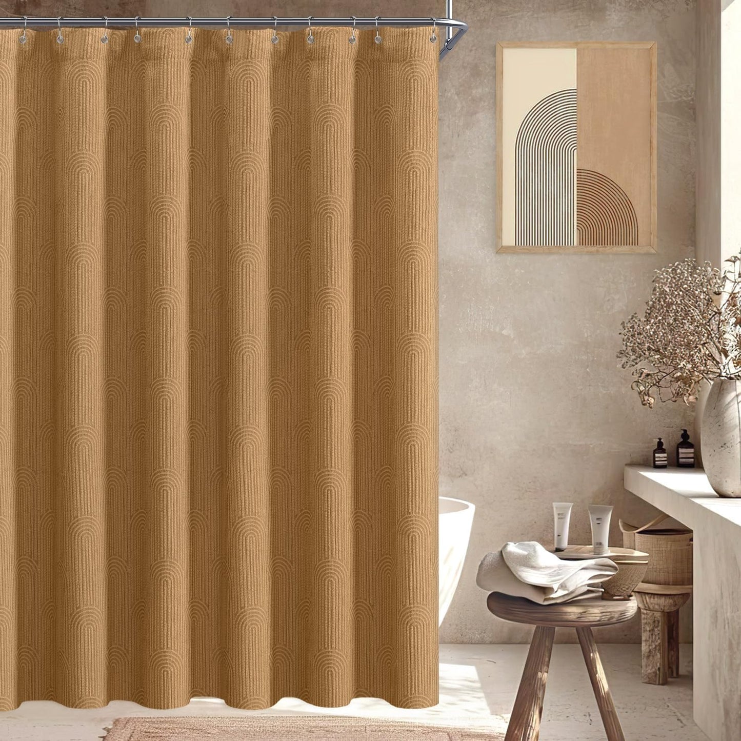 Awellife Boho Shower Curtains for Bathroom Cotton Fabric Touch Terracotta Bohemian Mid Century Minimalist Arch Brown 72" L X 72" W