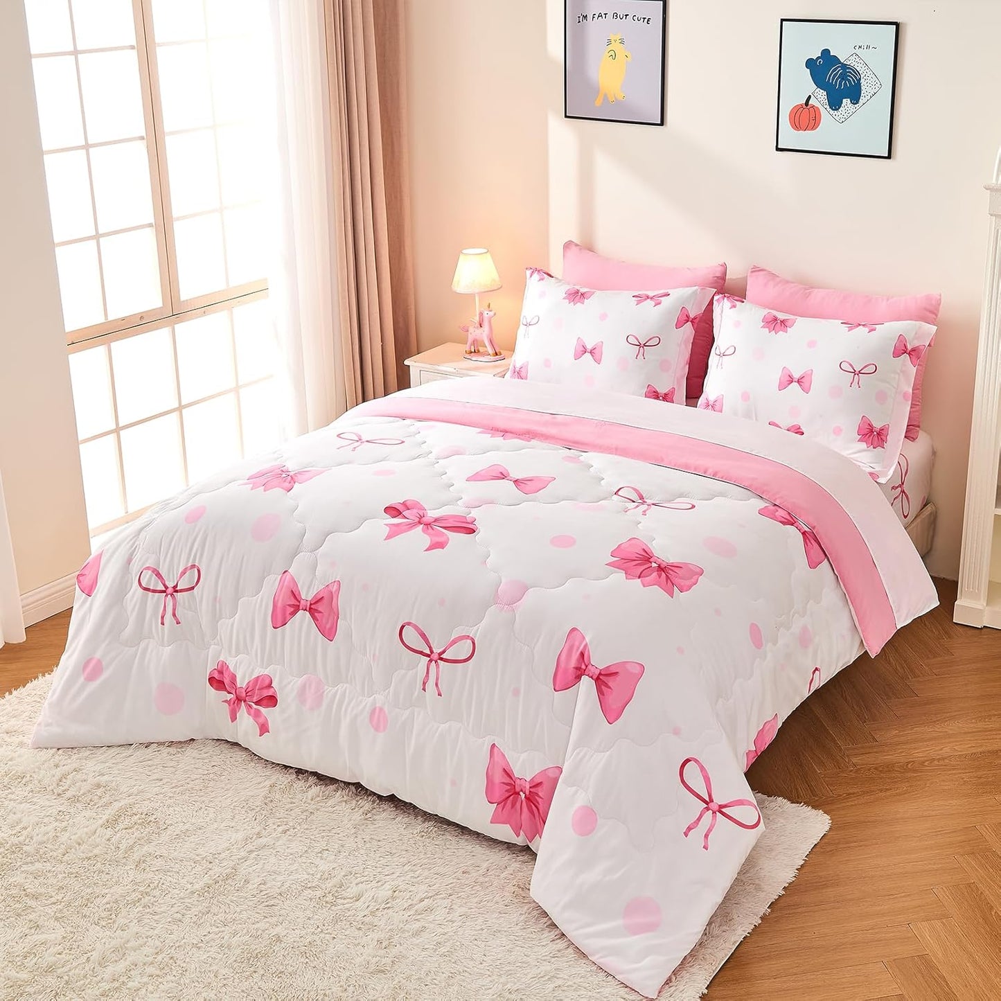 Wajade 7 Piece Pink Bow Bedding Set for Girls Kids Full Size Comforter Set with Sheet and 2 Pillowcases 2 Pillow Shams Cute Girls Bed in a Bag as Birthday Choice