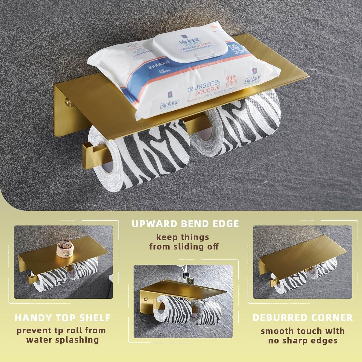 Angle Simple Toilet Paper Holder with Shelf Brushed Gold, 304 Stainless Steel Double Toilet Tissue Holder for Wall