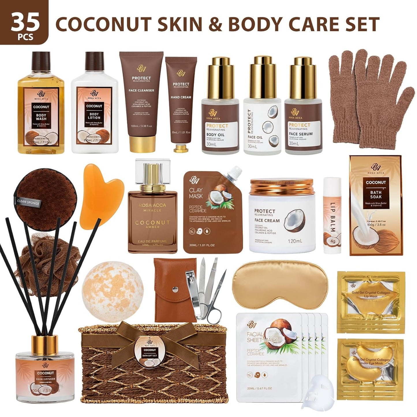 35 Pcs Coconut Vanilla Spa Gift Basket for Women & Men, Face Skin Care Set, Bath & Body Set, Self Care Pamper Kit, Diffuser, Bath Bomb, Birthday, Christmas, Valentines, Mother Day, Anniversary