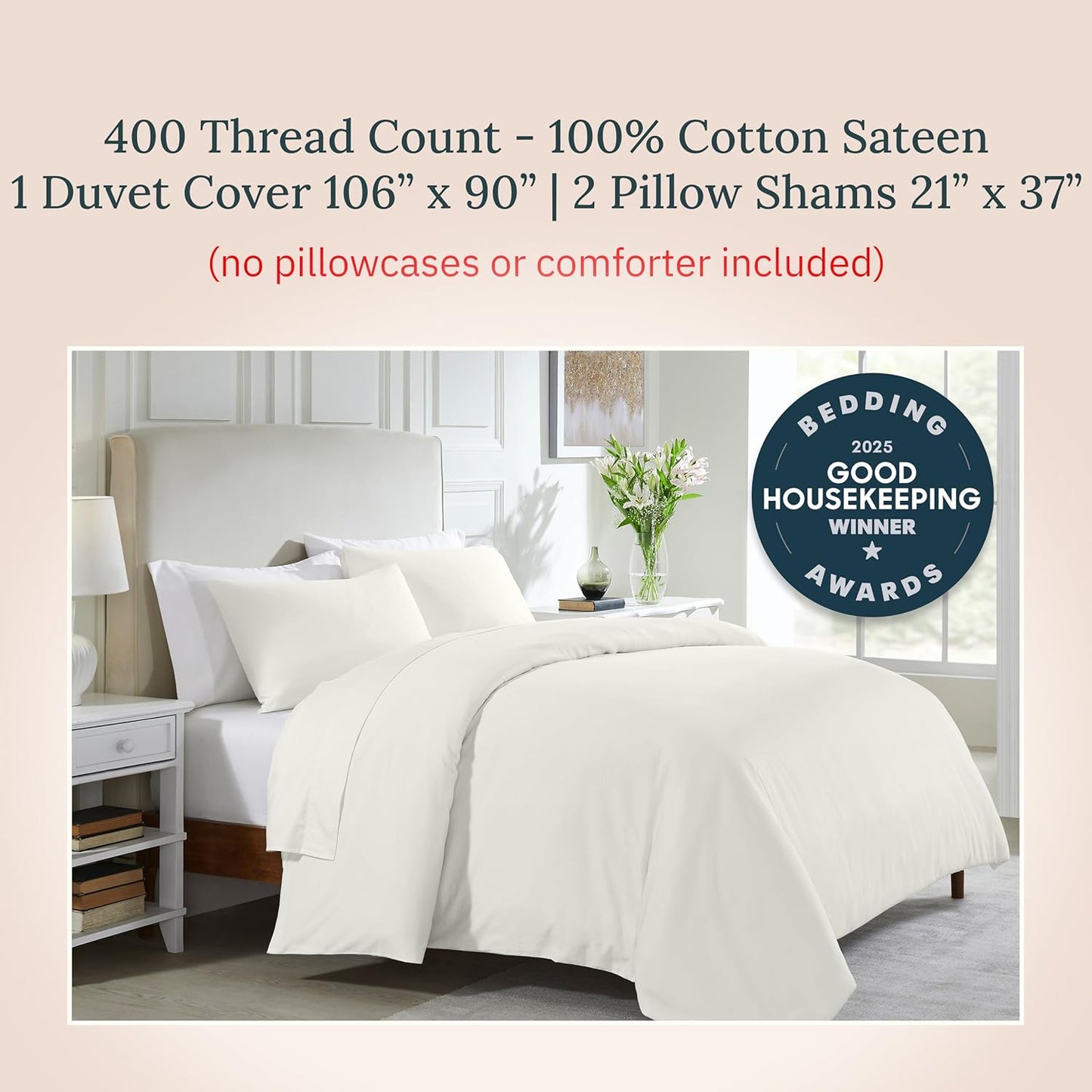 California Design Den 3 Pc King Size Duvet Cover Set -Winner Good Housekeeping Best Bedding Awards 2025, 400 Thread Count Sateen 100% Cotton Bedding Duvet Covers - Ivory (Pale Tone)