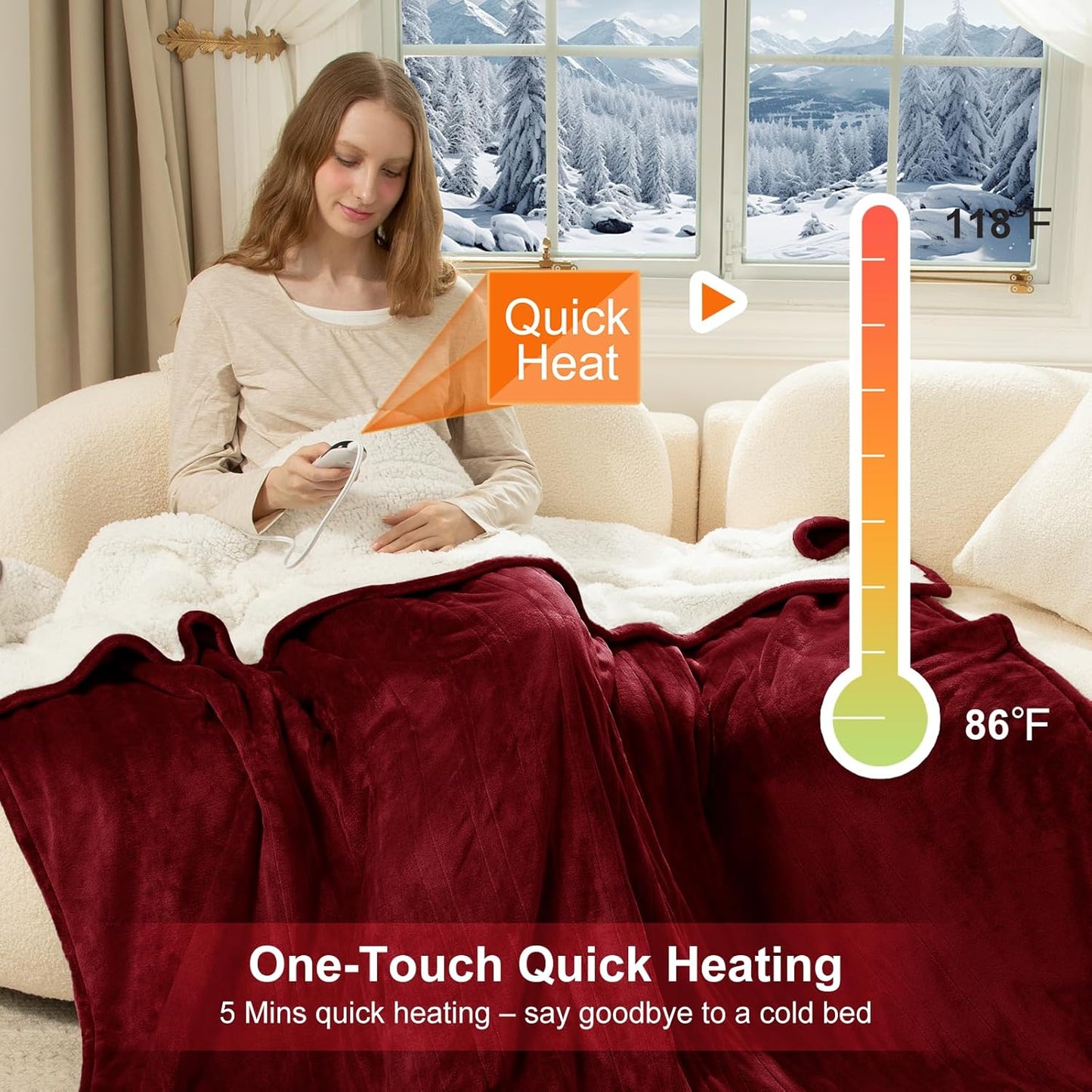 Full Size Heated Blanket Fast Heating - 72" x 84" Electric Blanket Full with 6 Heating Levels, 10 Hours Adjustable Timer, ETL Certified, Washable Heating Blankets for Home Office, Red