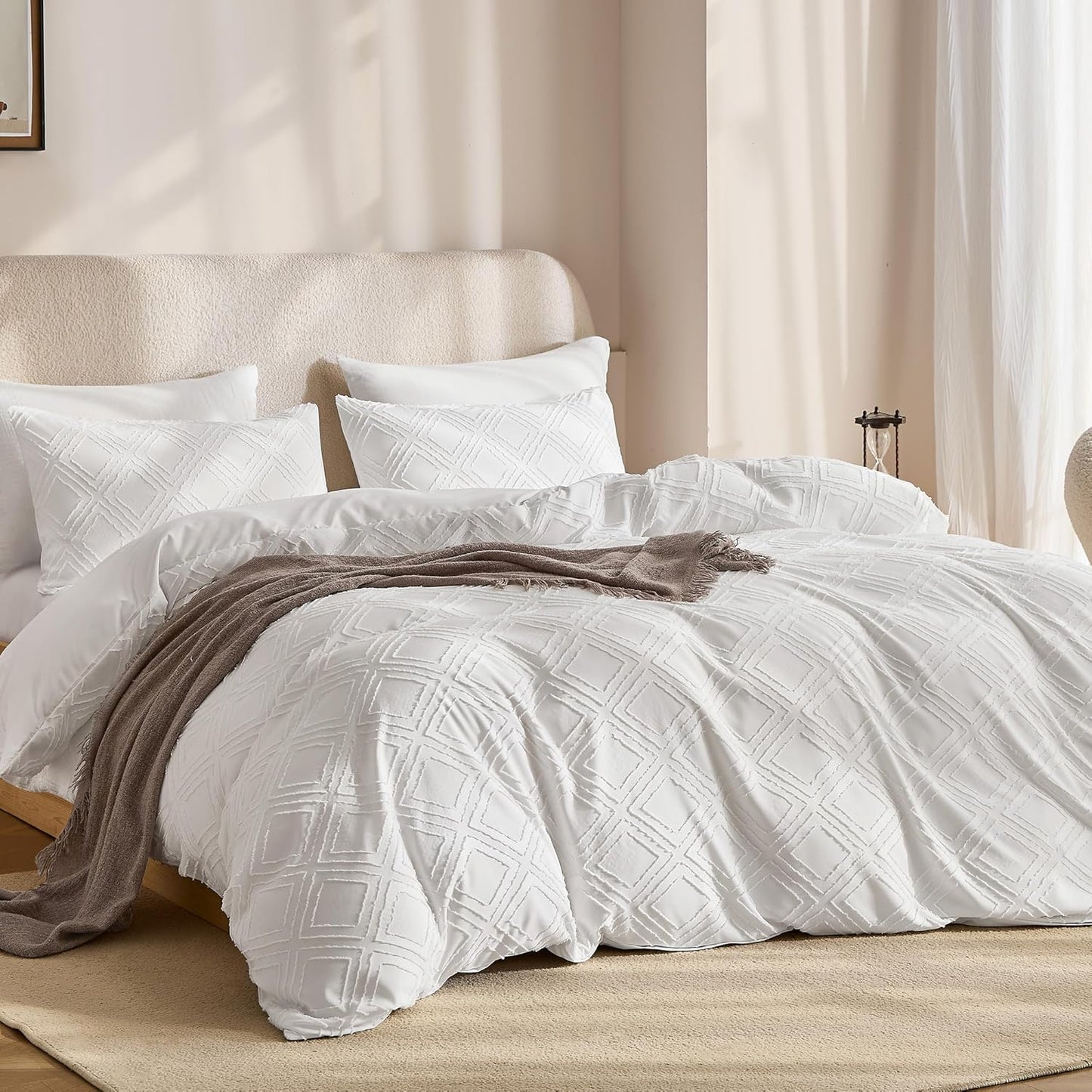 JELLYMONI Duvet Cover Twin Size Bright White - 3PCS Boho Duvet Cover Set Plaid Polyester Tufted Bohemian Jacquard Knit Textured Comforter Cover 68×90in Rhombic Geometric Pattern Corner Ties & Zipper