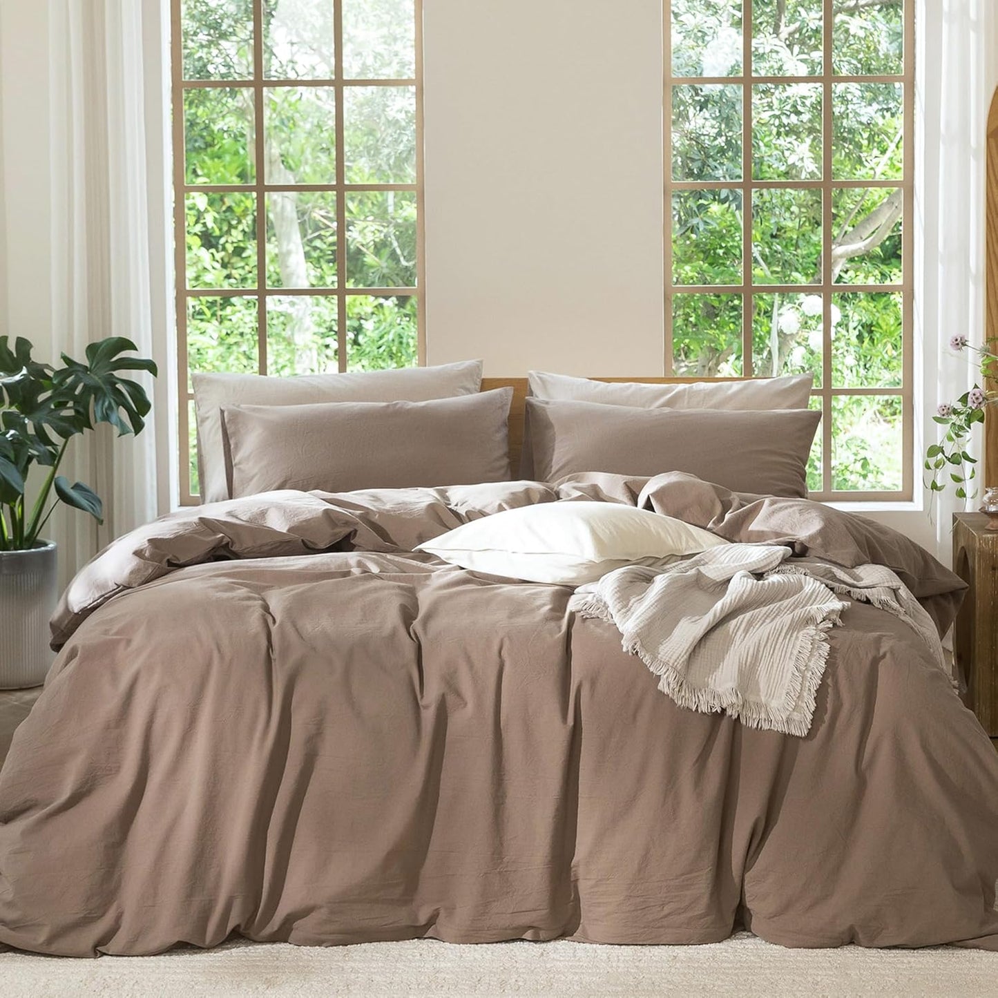 MooMee Bedding Duvet Cover Set 100% Washed Cotton Linen Like Textured Breathable Durable Soft Comfy (Solid Brown, Full 80"x90")