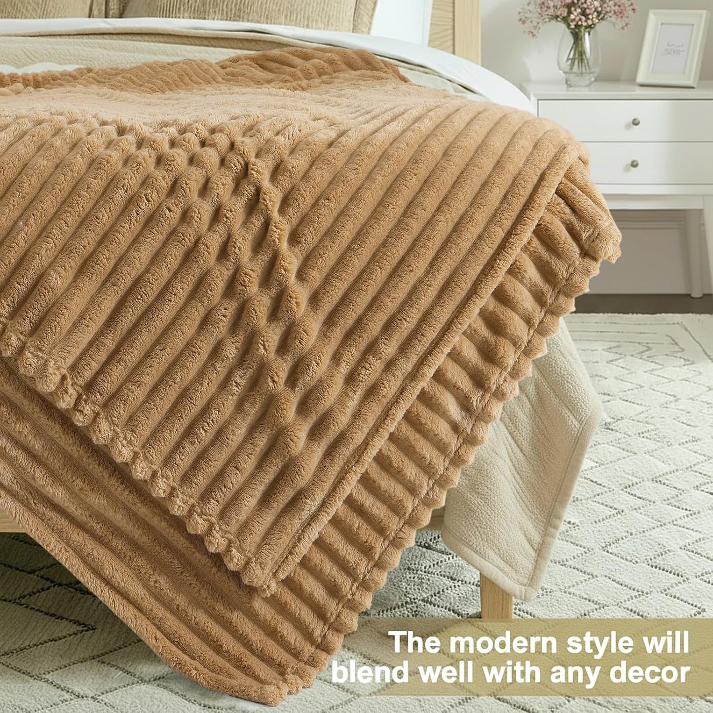 decorUhome Christmas Soft Fleece Brown Twin Blanket for Bed, Cozy Fluffy Plush Flannel Striped Throws for Couch Sofa, Lightweight Decorative Ribbed Fuzzy Blanket for Woman, 60x80 Inches